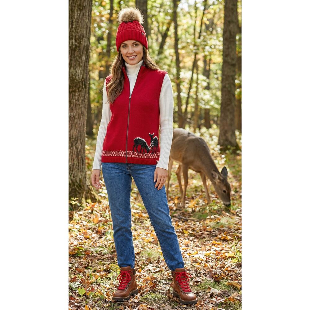 NWT Woolrich Lambswool Deer Vest M — Cozy Red Winter Outdoor-Core Heat
